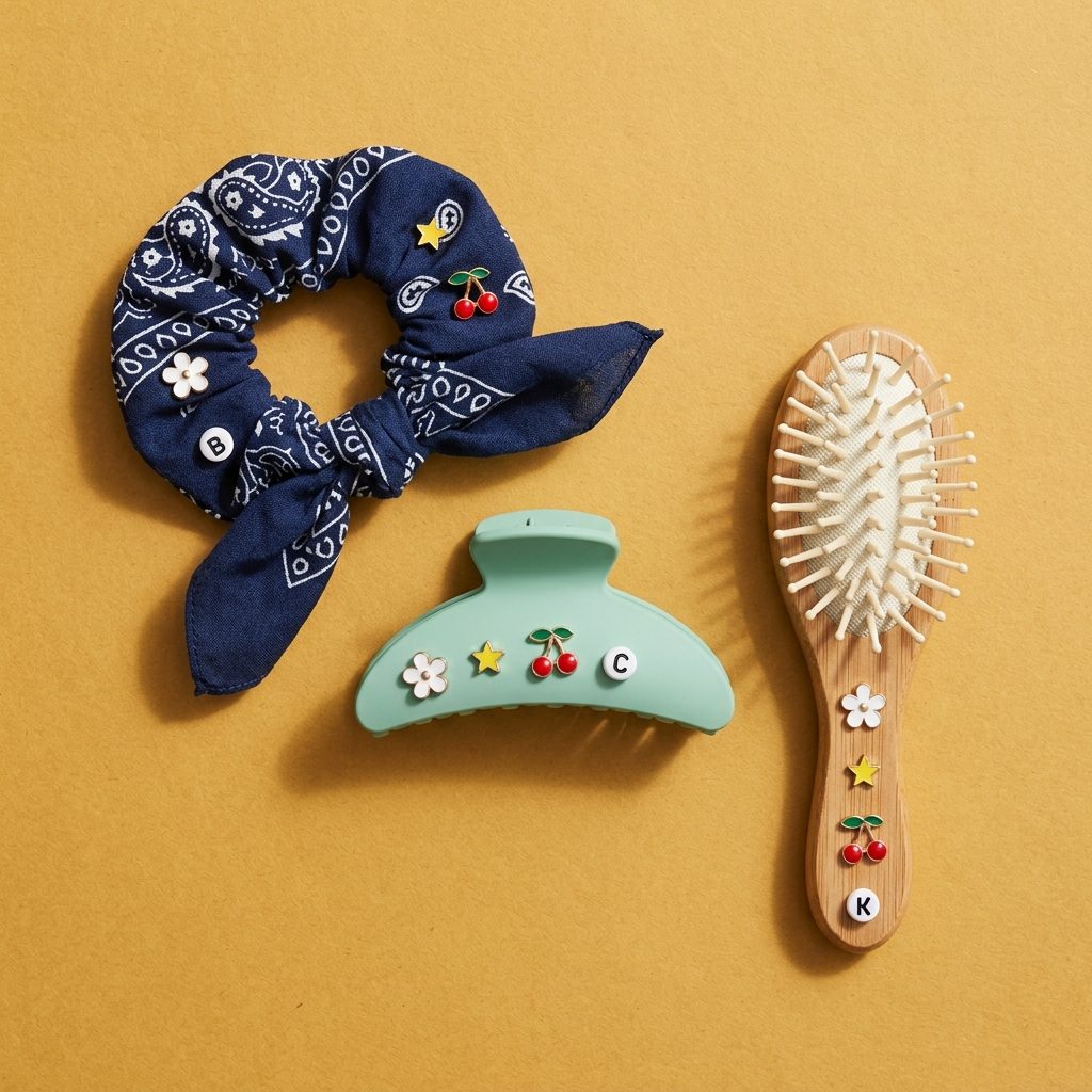 Scrunchie, pinza y cepillo con dijes